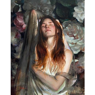 Zaeli by Karen Offutt | Oil on panel Portrait of a woman with long hair among flowers For Sale