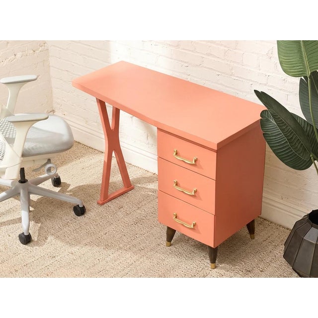 Mid 20th Century Vintage Peach Single Pedestal Desk For Sale - Image 5 of 9