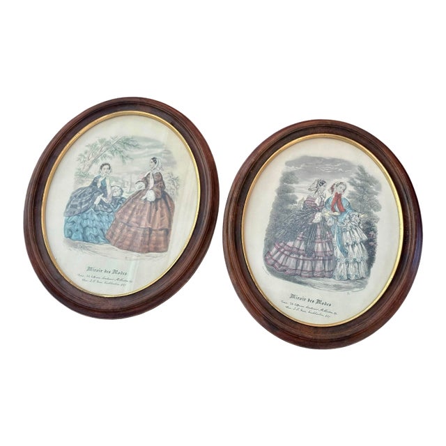 Vintage French Parisian Fashion "Miroir Des Modes" Oval Framed Prints- A Set For Sale