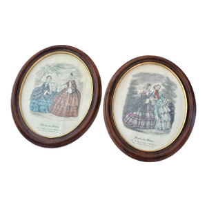 Vintage French Parisian Fashion "Miroir Des Modes" Oval Framed Prints- A Set