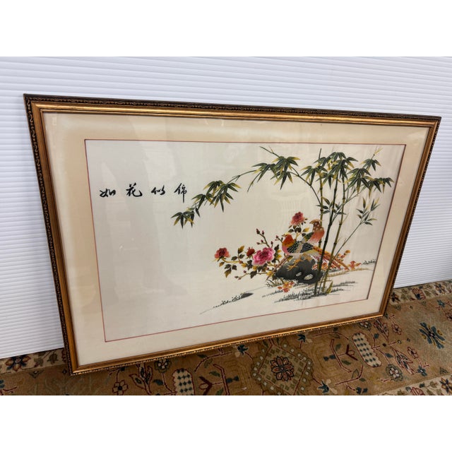 Design Plus Gallery presents a Silk Embroidered Tapestry in Frame from China. The artwork is splendid with a bamboo tree...
