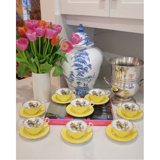 1930s Yellow Aynsely England Pagoda Pattern Tea Cups & Saucers Set- 16 Pieces For Sale - Image 10 of 12