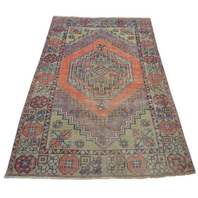 Faded Muted Colors Impressive Medallion Vintage Ushak Rug Low Pile Distressed Area Rug - 3'5'' X 5'8'' For Sale - Image 6 of 10