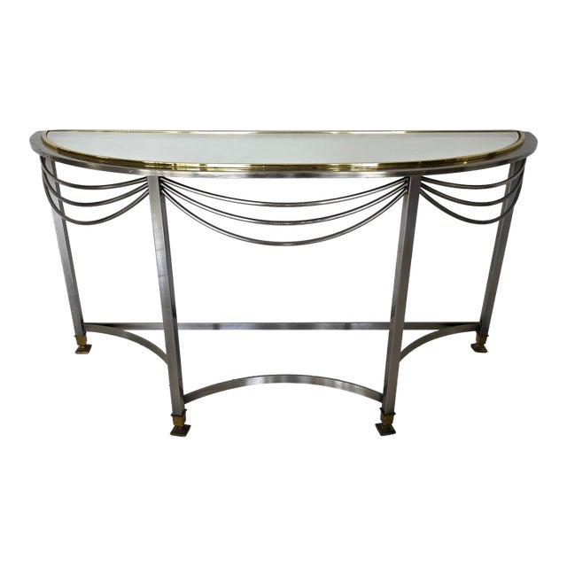 Vintage Hollywood Regency Demilune Chrome & Brass Console Table For Sale