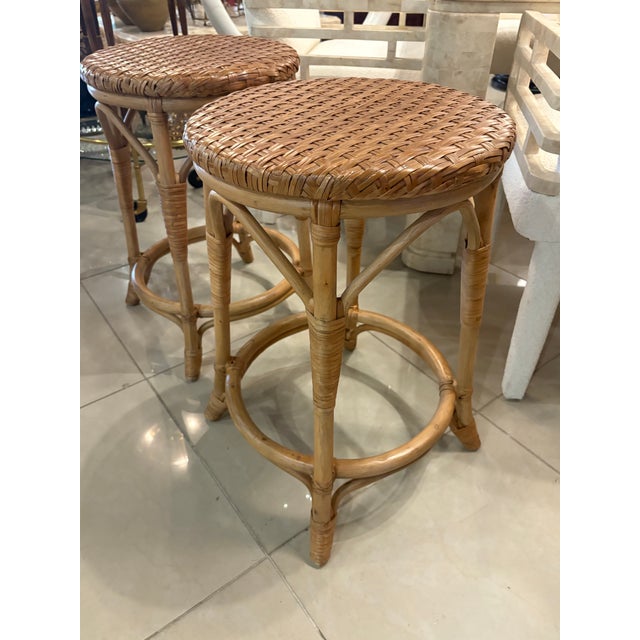 Brown Vintage Pair Palm Beach Coastal Rattan Woven Stools Benches For Sale - Image 8 of 9