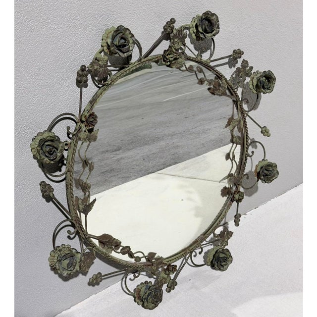 Vintage Italian Tole Mirror With Verdigris Finish Roses on Vine For Sale In Miami - Image 6 of 9