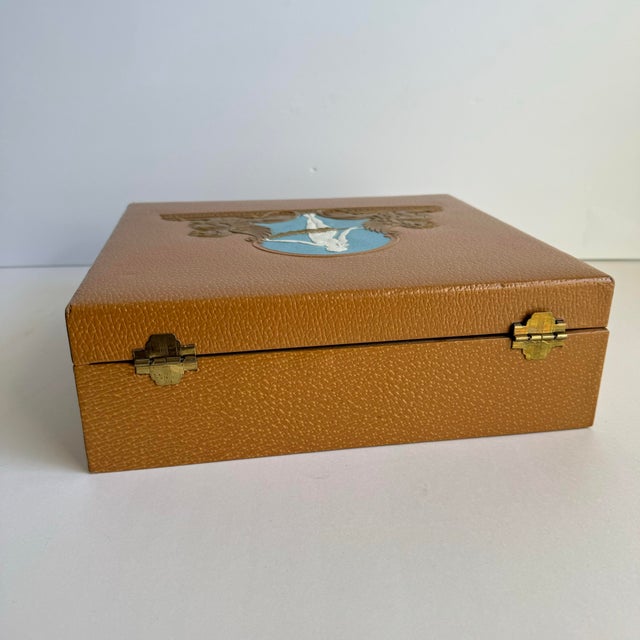 Tan Vintage Neoclassical Style Box Roman Woman Winged Lion Leatherette Covered Bakelite Handle For Sale - Image 8 of 12