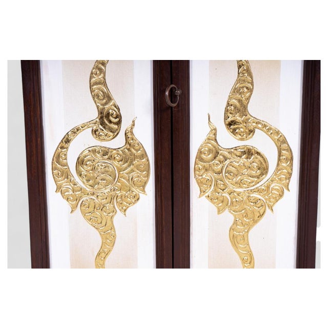 Gold Thai Cabinet in Acacia Wood with Golden Decorations and Rattan Inserts For Sale - Image 8 of 10