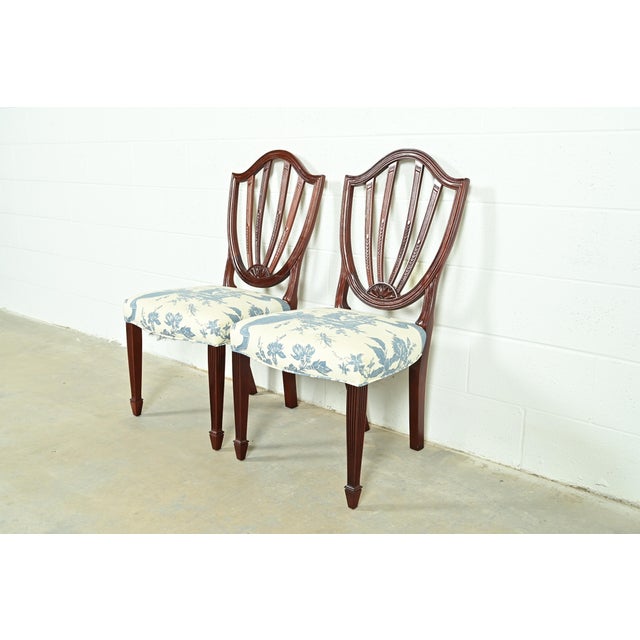 English Baker Furniture Historic Charleston Federal Carved Mahogany Shield Back Side Chairs or Dining Chairs, Pair For Sale - Image 3 of 13
