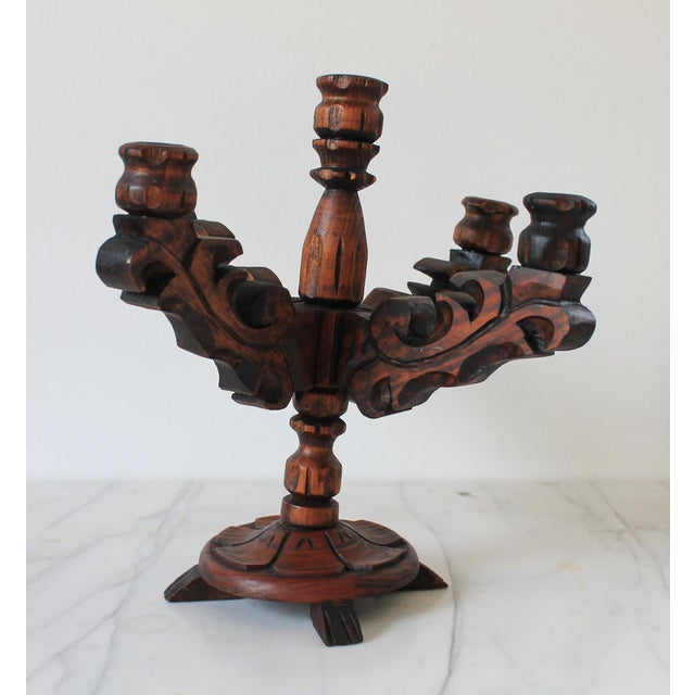 Rustic Spanish Revival Style Carved Wood Five Arm Candelabra For Sale - Image 4 of 12