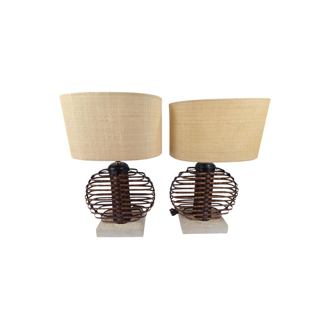 Brown Palecek Woven Rattan & Bamboo Orb Table Lamps With Plaster Bases and Raffia Shades — A Pair For Sale - Image 8 of 10