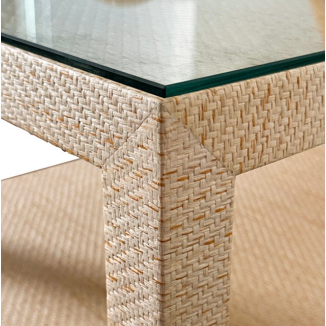 Matthew Izzo Home Douglas Natural Grass Cloth Two Drawer Side Table With One Open Shelf, Glass Top and Polished Brass Knobs For Sale In New York - Image 6 of 8