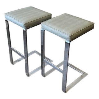 Vintage Pair of Milo Baughman Style Barstools in Blue-Gray Alligator Vinyl For Sale