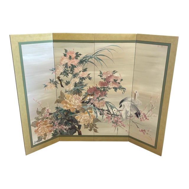 Mid 20th Century Japanese Style Four Panel Screen Hand Painted by Lucien Leinfelder For Sale