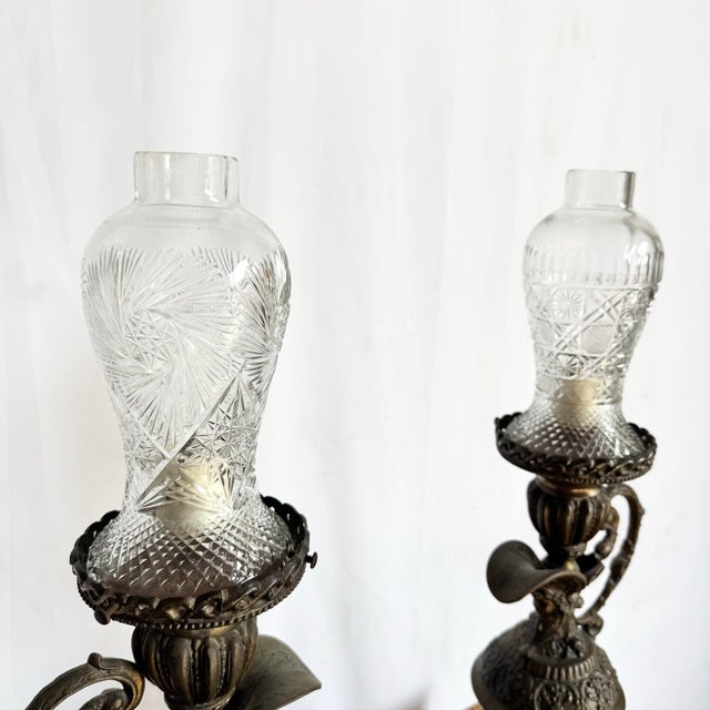 French Antique French Bronze Ewer Converted Oil Lamps With Crystal Tops - A Pair For Sale - Image 3 of 11