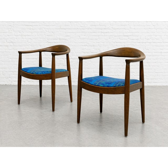 Mid-Century Modern Vintage Mid Century Modern Walnut Lounge Chairs – Hans Wegner Style – Pair of Refinished and Reupholstered Armchairs, C. 1960's For Sale - Image 3 of 14