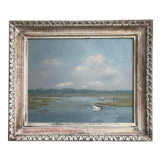 1963 Vintage Oil Painting of Row Boat in Harbor by Listed Artist Carolyn Orr For Sale