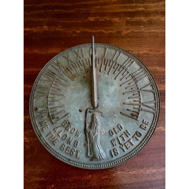 Late 20th Century Vintage English Country Iron Verdigris Garden Sundial "Grow Old Along With Me" For Sale - Image 5 of 9