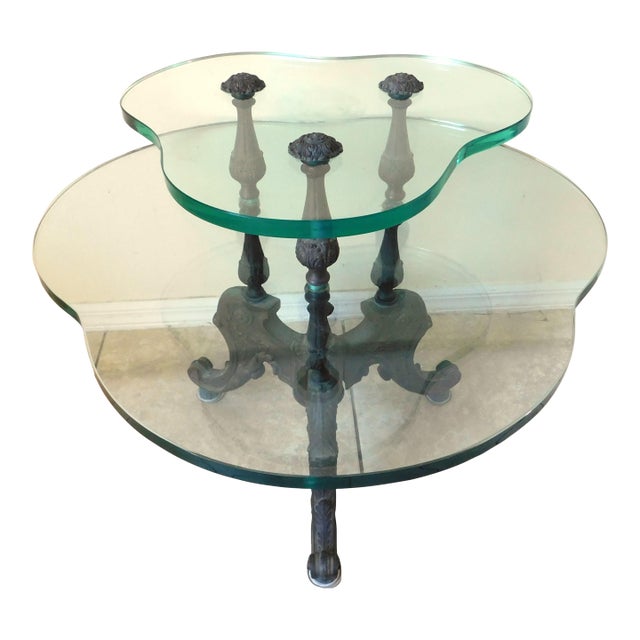 Antique Ornate Clover Shaped Cast Iron & Thick Glass Side/End Accent Table For Sale