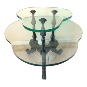 Antique Ornate Clover Shaped Cast Iron & Thick Glass Side/End Accent Table