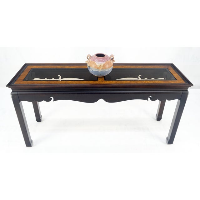 Asian Style Burlwood Top Black Lacquer Tinted Glass Rectangle Sofa Console Table For Sale - Image 9 of 10