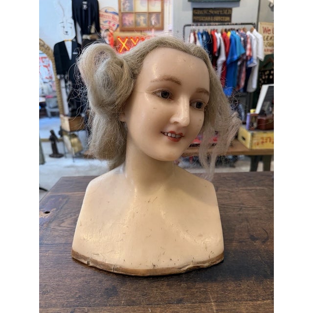 1900s Antique Wax Mannequin Head - French Store Display Female Bust Porcelain Teeth, hand painted face