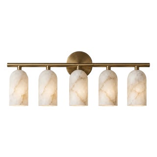 Handcrafted Brass 5-Light Vanity Sconce With Natural Alabaster Shades Bathroom Mirror Light, Modern Luxury Wall Lighting For Sale