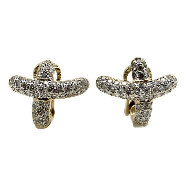 Vintage14K Gold Pave Diamond X Earrings, A Pair For Sale