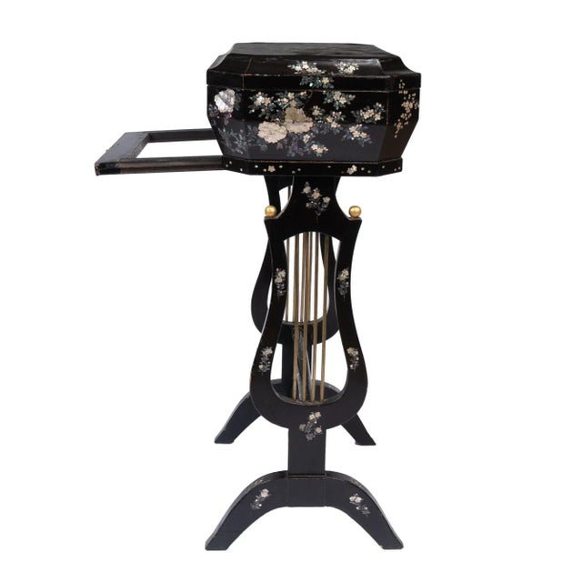 Japanese Black Lacquered Lyre Base Sewing Box on Stand With Abalone and Mother-Of Pearl Inlays, 1880 For Sale - Image 12 of 13