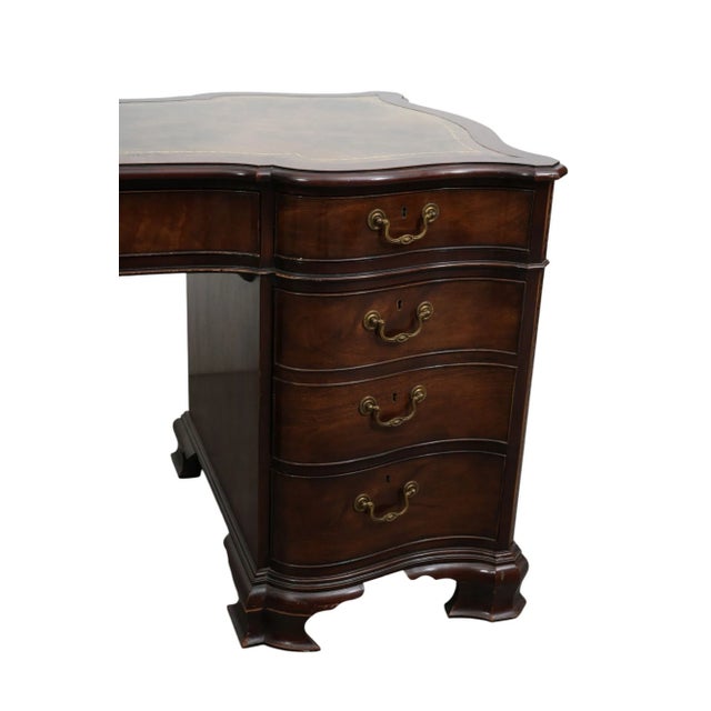 Brown 1950s Serpentine Front Baker Mahogany Leather Top Pedestal Writing Desk For Sale - Image 8 of 9