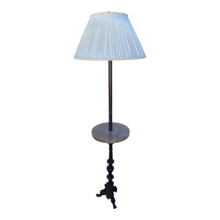 Vintage Regency Style 2 Light Embellished Bronze Floor Lamp With Attached Marble Table and Shade For Sale