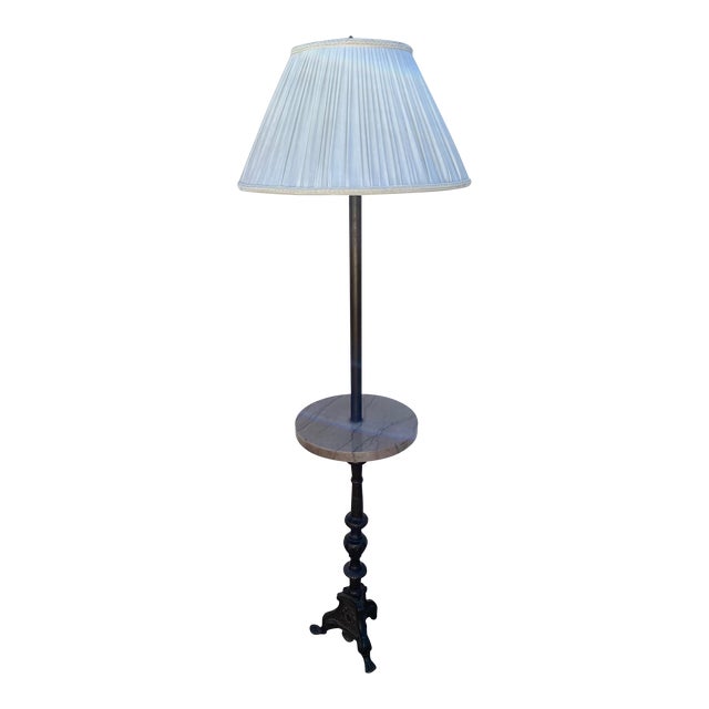 Vintage Regency Style 2 Light Embellished Bronze Floor Lamp With Attached Marble Table and Shade For Sale