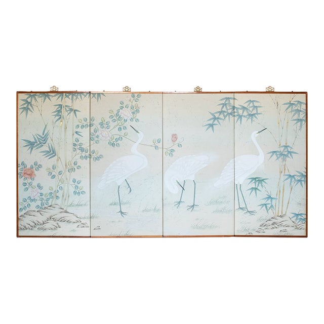 C. 1970s Chinoiserie Silk Screen "Egrets, Bamboo and Peonies" For Sale