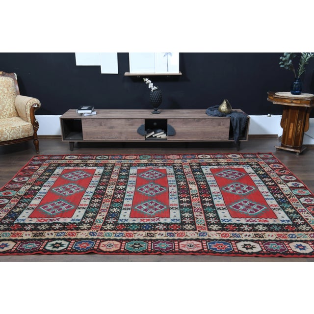 Tribal 1970s Vintage Turkish Hand-Knotted Wool Cotton Red Area Rug For Sale - Image 3 of 12