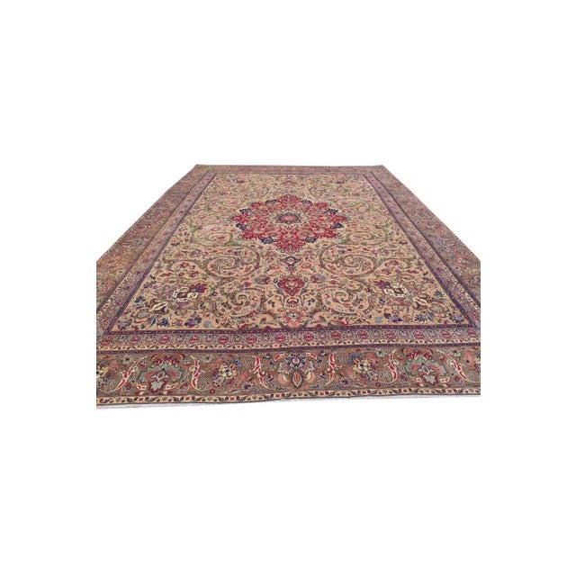 Persian Authentic Hand Knotted Vintage Tabreez Wool Area Rug 12.6 X 9.3 Ft For Sale - Image 3 of 10