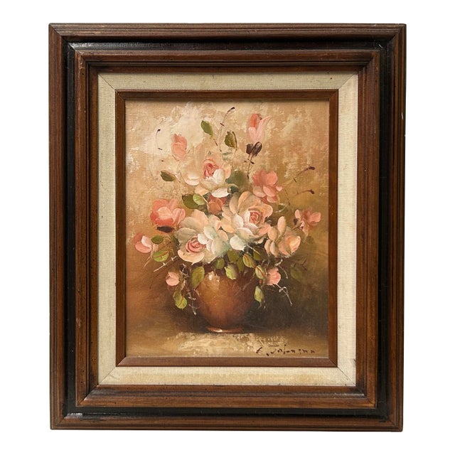 Vintage Blooming Roses Brown Pot Small Canvas Oil Painting For Sale