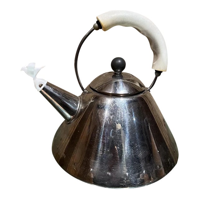 1980s Vintage Alessi Tea Kettle Stainless White Italy For Sale