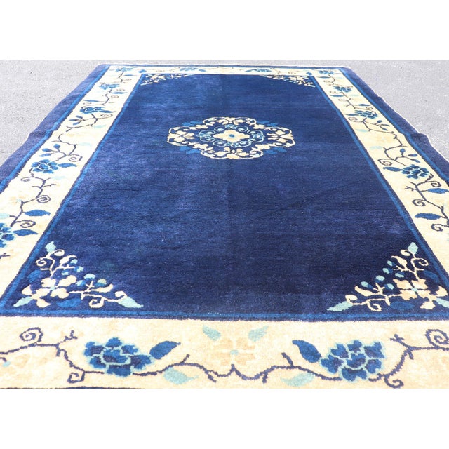 Antique Chinese Peking Carpet in Dark Blue Background 4' X 6'8 For Sale - Image 10 of 14
