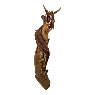 Mid 20th Century Monumental Hand-Carved Asian Dragon Coiled Around Natural Tree Trunk Sculpture With Original Polychrome Finish 40" For Sale