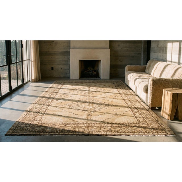 Camel 1930s Tan Camel Geometric Antique Central Asian Khotan Rug 6'4" X 12' Knotted Wool Carpet For Sale - Image 8 of 10