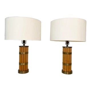 Pair Russel Wright Faux Bamboo Brass Wrap Table Lamps, Mid Century Modern For Sale