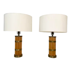 Pair Russel Wright Faux Bamboo Brass Wrap Table Lamps, Mid Century Modern
