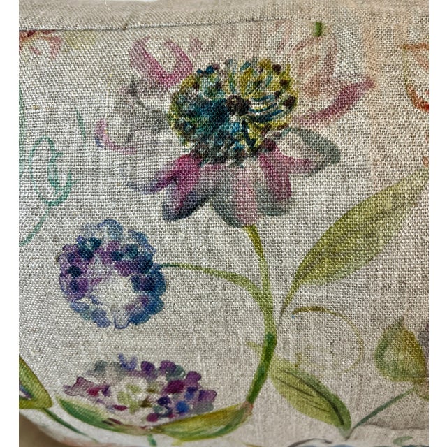 Large Bolster Pillow Decorated With a Delicate Water Color Look Floral Pattern of Rich Blues, Pinks and Yellows - Made in the U K For Sale - Image 4 of 12