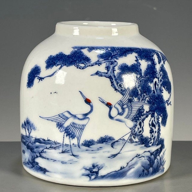 White Chinese Blue & White Porcelain Water Pot With Pine & Crane Motif For Sale - Image 8 of 9
