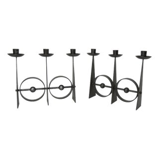 Scandinavian Brutalist Wrought Iron 3-Light Candleholders, 1960s, Set of 2 For Sale