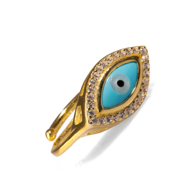 2020s Turquoise Evil Eye & Diamond Gold Statement Ring, Adjustable For Sale - Image 5 of 6