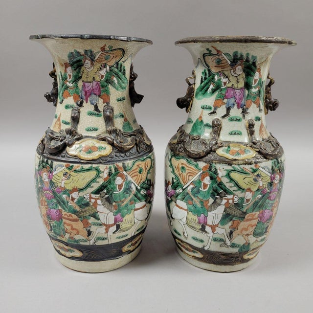 Pair Chinese Nanking Crackle Glaze Famille Verte Warrior Vases With Dragons, Late Qing C. 1880 For Sale In Raleigh - Image 6 of 10