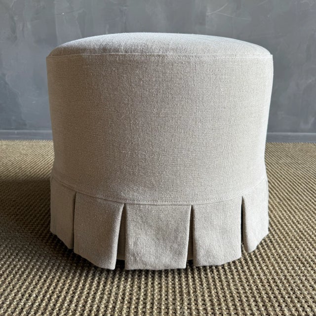 Mid-Century Modern Bailey Flax Slip Covered Ottoman in Linen With Pleated Skirt For Sale - Image 3 of 6