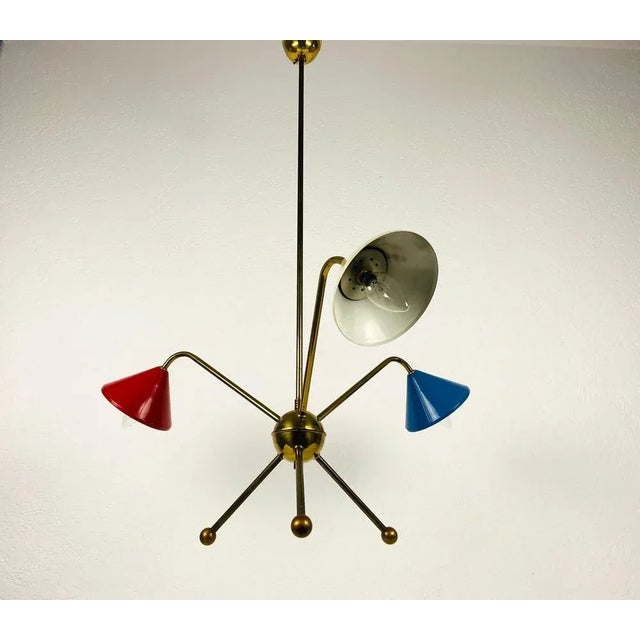 Blue Italian Brass 3-Arm Chandelier from Arredoluce, Italy, 1950s For Sale - Image 8 of 18