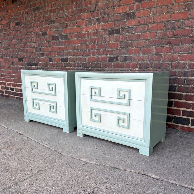 Hollywood Regency Pair of Kittinger Greek Key 3-Drawer Chests / Nightstands For Sale - Image 3 of 12